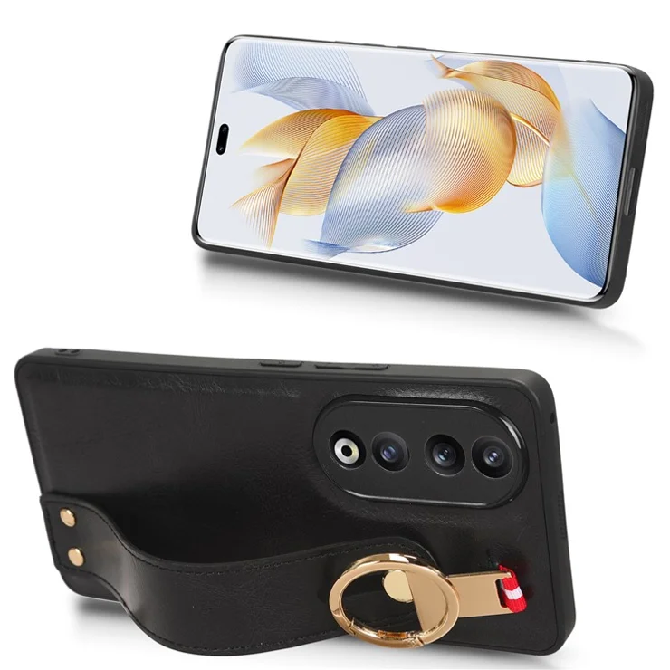 For Honor 90 Wristband Kickstand Phone Case PU Leather+PC+TPU Cover with Bottle Opener - Black