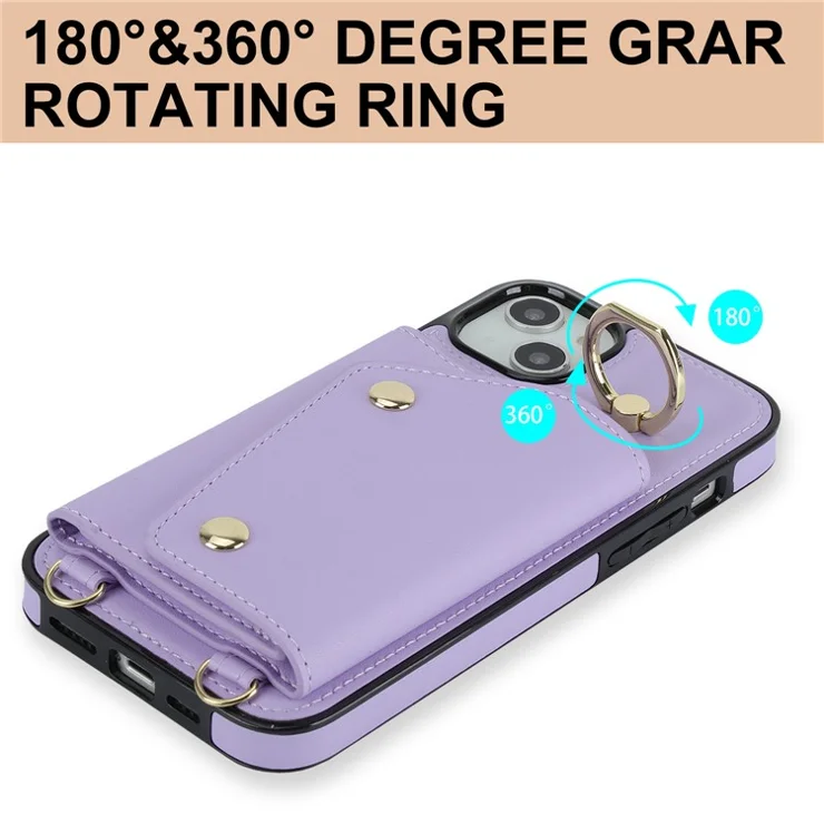 For iPhone 12 mini Leather Coated TPU Phone Kickstand Case Zipper Wallet Crossbody Phone Cover - Purple