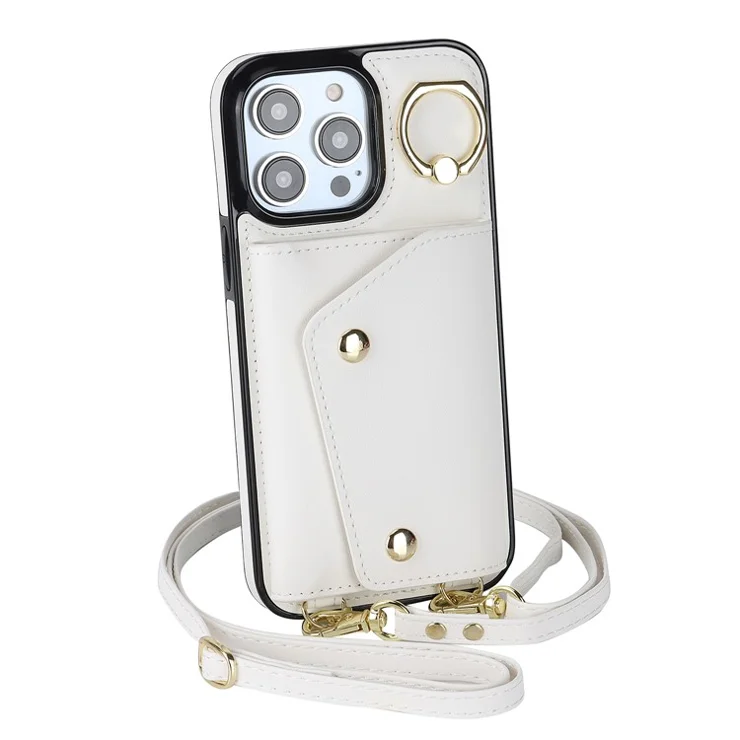 Zipper Wallet Ring Kickstand Phone Case for iPhone 14 Pro , PU Leather Coated TPU Crossbody Phone Cover - White