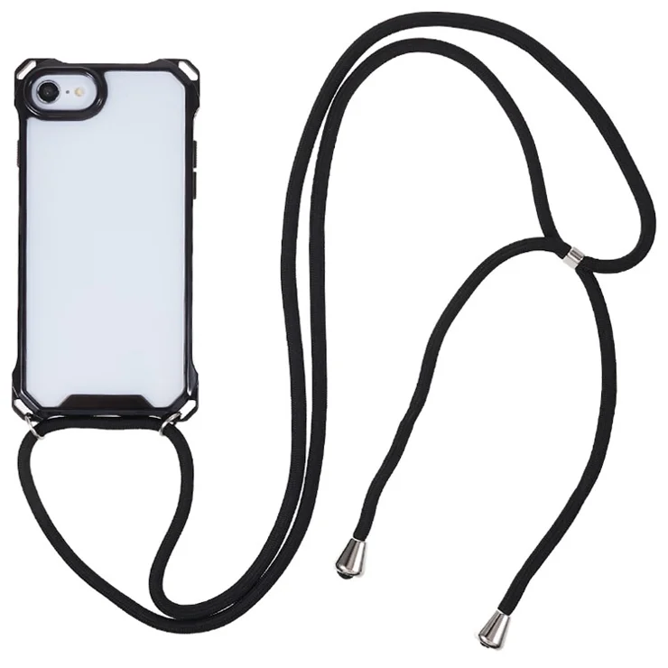 For iPhone 7 / 8 / SE (2020) / SE (2022) Drop-proof Phone Case Transparent Acrylic Back + TPU Phone Cover with Lanyard - Black