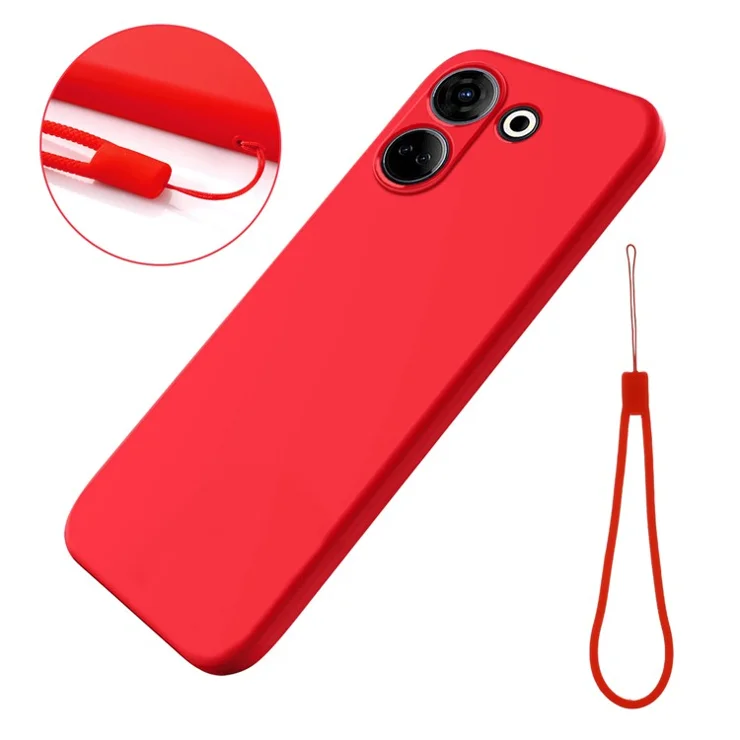 For TECNO Camon 20 4G Liquid Silicone Phone Case Soft Lining Anti-Scratch Phone Cover with Strap - Red