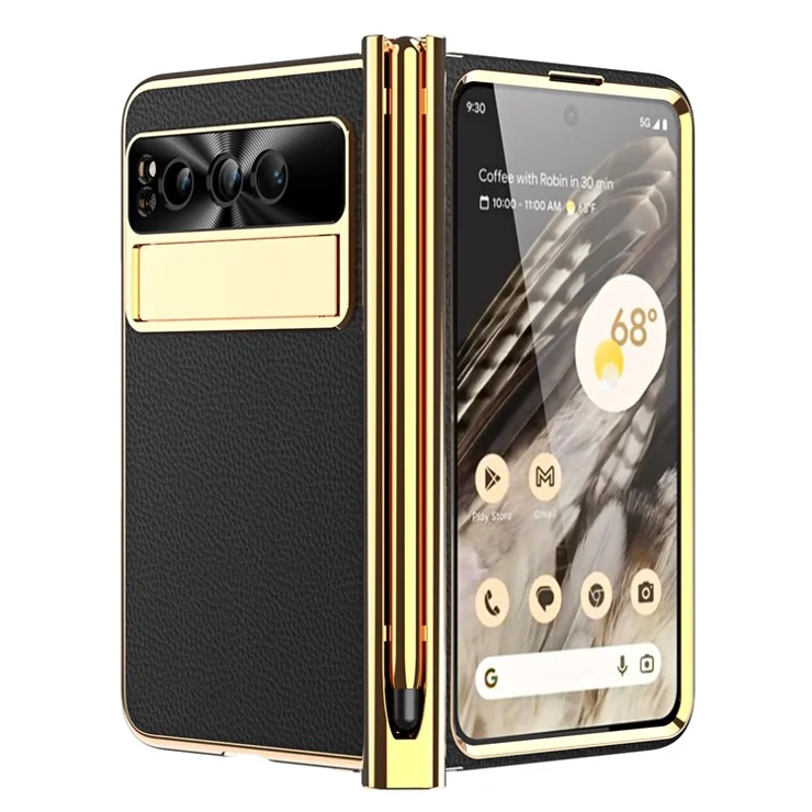 For Google Pixel Fold PU Leather+PC Kickstand Phone Case Magnetic Folding Hinge Litchi Texture Cover with Tempered Glass Screen Film+Stylus - Black