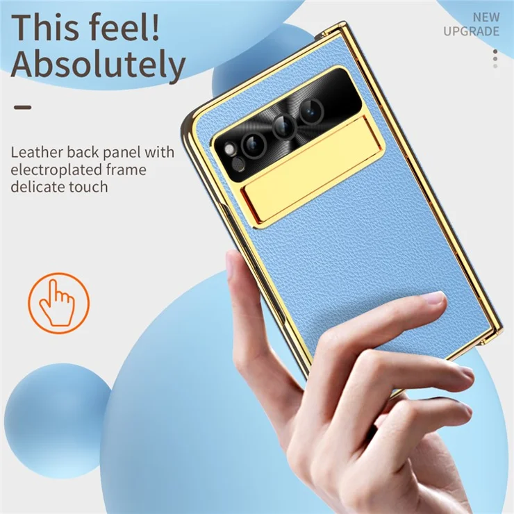 For Google Pixel Fold Litchi Texture Kickstand Phone Cover PU Leather+PC Magnetic Hinge Protection Case with Tempered Glass Screen Film - Sky Blue