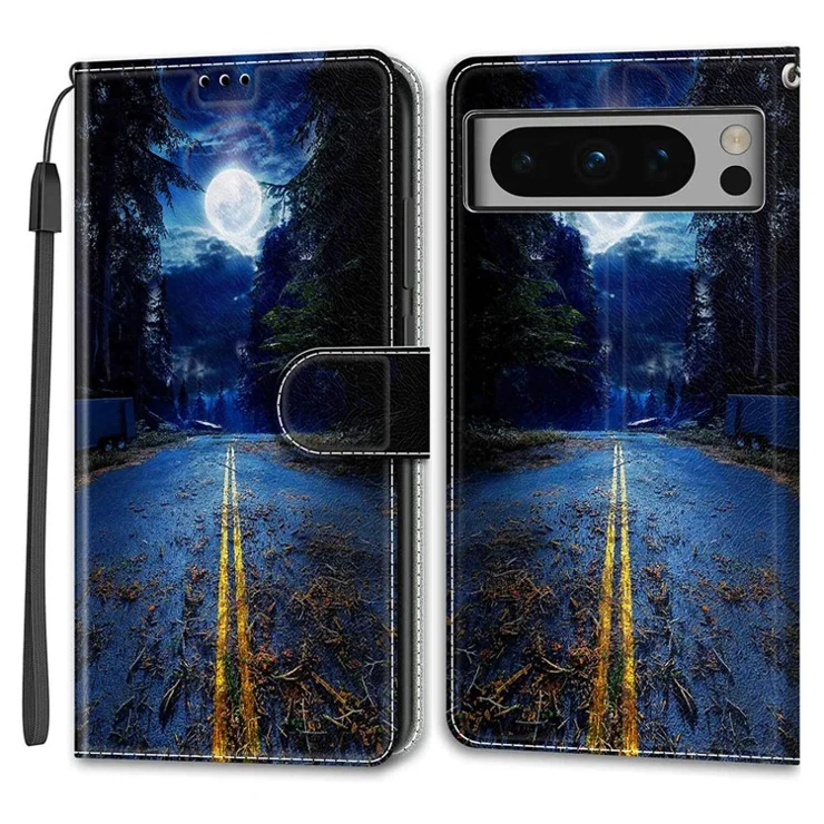 Pattern Printed Phone Case for Google Pixel 8 Pro Anti-Drop Leather Flip Cover with Stand, Card Slots - Night Road / Moon