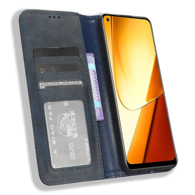 For Realme 11 5G (China) Retro Stand PU Leather Phone Case Wallet Mobile Phone Anti-Scratch Cover - Blue