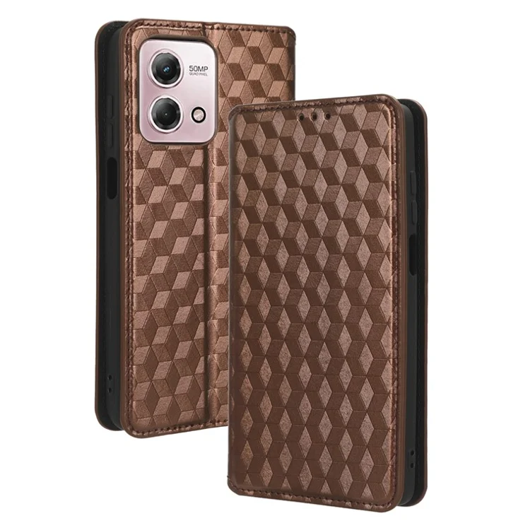 For Motorola Moto G Stylus (2023) Stand Case Rhombus Imprinted Shell PU Leather Phone Cover - Brown