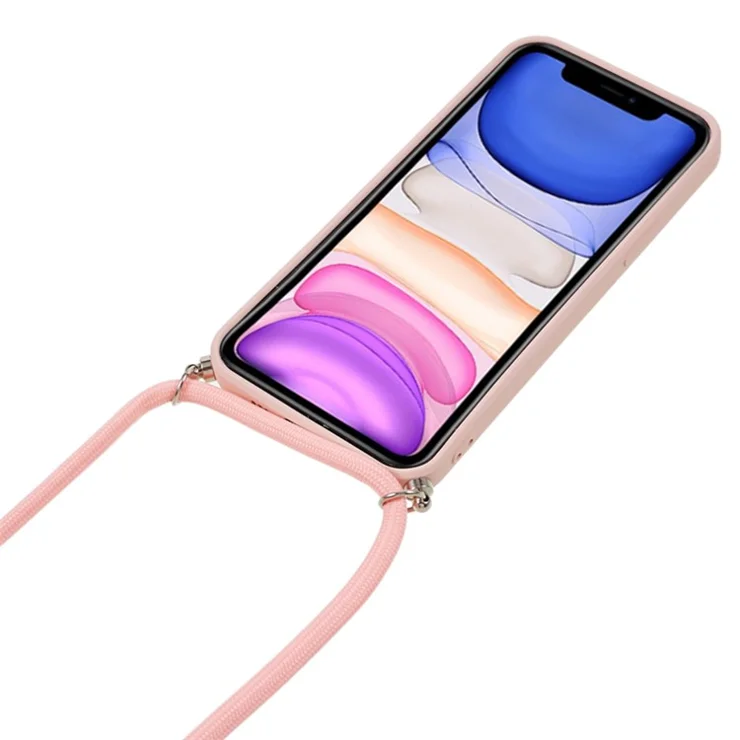 For iPhone 11 TPU Case Fiber Lining Protective Phone Cover with Long Lanyard - Pink