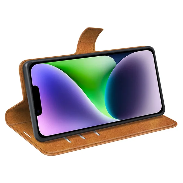 Calf Texture Leather Cover for iPhone 15 Square Magnetic Closure Stand Wallet Phone Case - Yellow