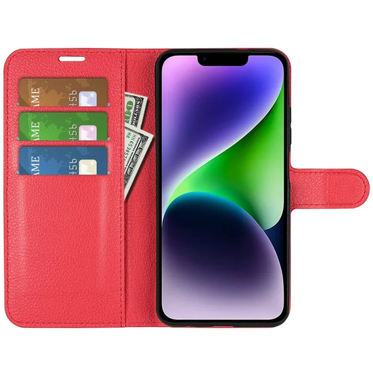 Stand Phone Case for iPhone 15 Plus PU Leather Litchi Texture Wallet Folio Flip Phone Cover - Red