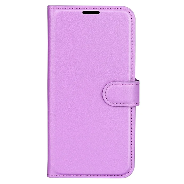 Stand Phone Case for iPhone 15 Plus PU Leather Litchi Texture Wallet Folio Flip Phone Cover - Purple