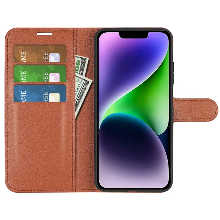 Stand Phone Case for iPhone 15 Plus PU Leather Litchi Texture Wallet Folio Flip Phone Cover - Brown
