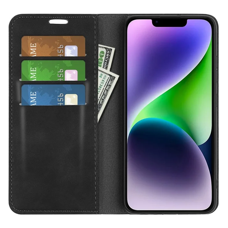 For iPhone 15 Plus Shockproof PU Leather Wallet Flip Case Skin-touch Stand Cover - Black