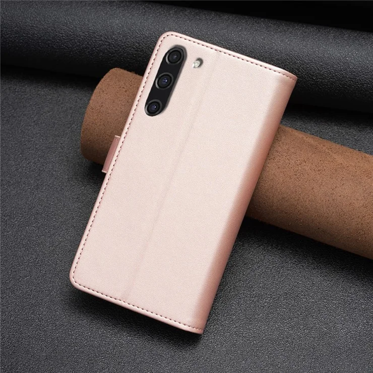 BF Style-19 for Samsung Galaxy S21 FE 5G Magnetic Phone Cover PU Leather Wallet Stand Zippered Phone Case - Rose Gold