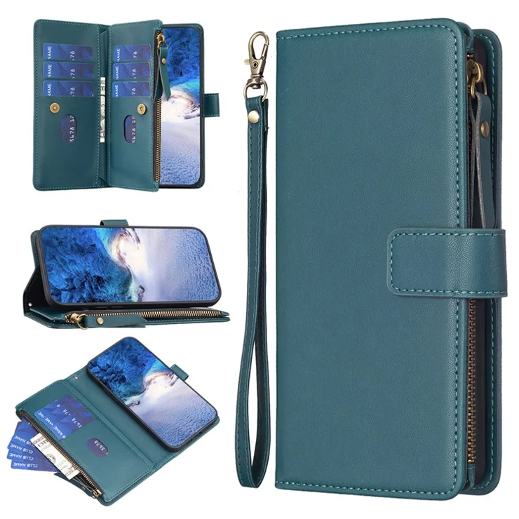 BF Style-19 for Samsung Galaxy S22 Ultra 5G Stand Design Phone Case PU Leather Wallet Zippered Phone Cover - Green