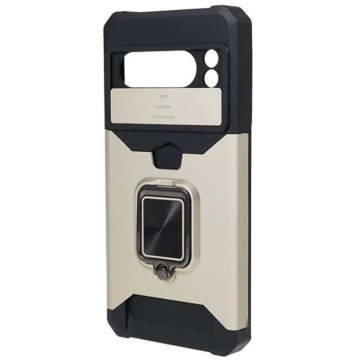 For Google Pixel 8 Pro Kickstand Case Card Holder PC+TPU Phone Cover with Slide Lens Protector - Gold