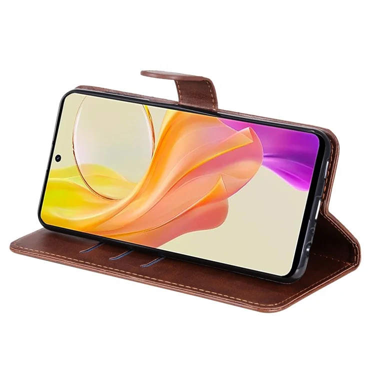 For vivo Y78 (China) 5G / Y36 4G (Global) / Y36 5G (Global) Flip Stand Phone Case Calf Texture Zipper Pocket Leather Wallet Cover - Brown