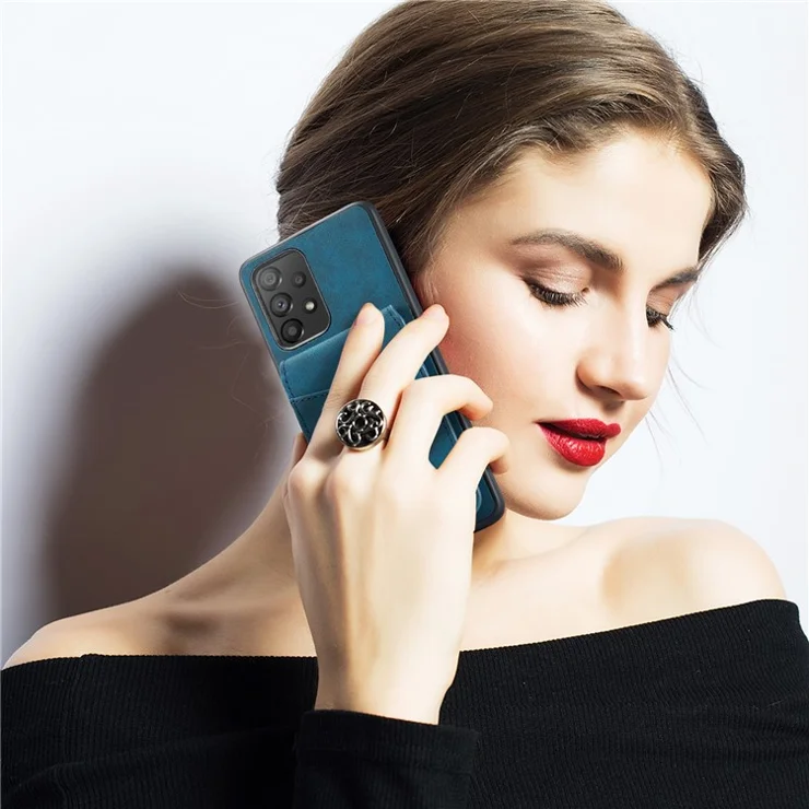 FIERRE SHANN Back Case for Samsung Galaxy A73 5G PU Leather+TPU Phone Kickstand Shell with Card Slots - Blue