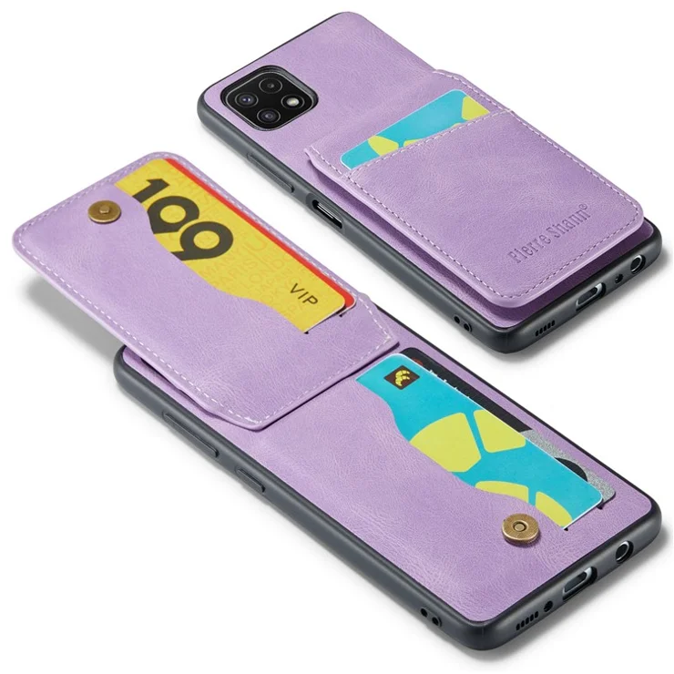 FIERRE SHANN Anti-drop Case for Samsung Galaxy A22 5G (EU Version) Card Slots PU Leather+TPU Phone Kickstand Cover - Purple