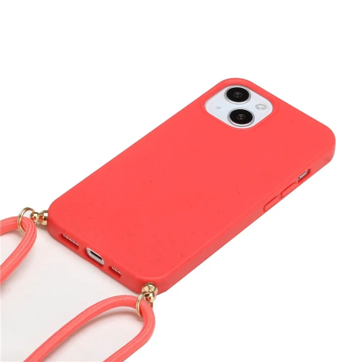 For iPhone 15 Eco Friendly Phone Case Compostable Wheat Straw+TPU Shock Absorbing Cover with Lanyard - Red