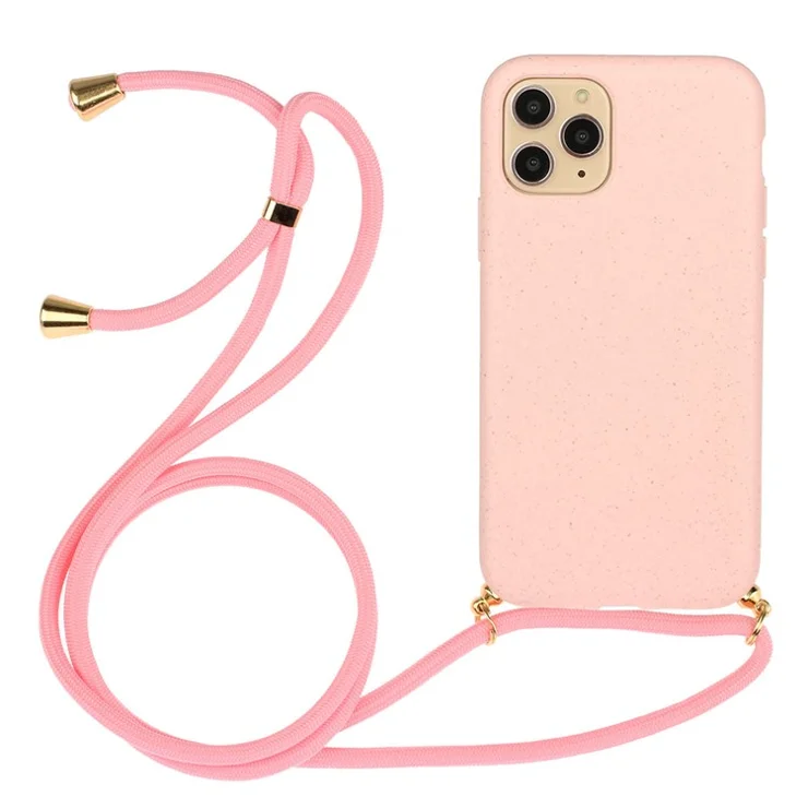 For iPhone 15 Pro Wheat Straw+TPU Phone Case Environment-Friendly Biodegradable Cover with Lanyard - Pink