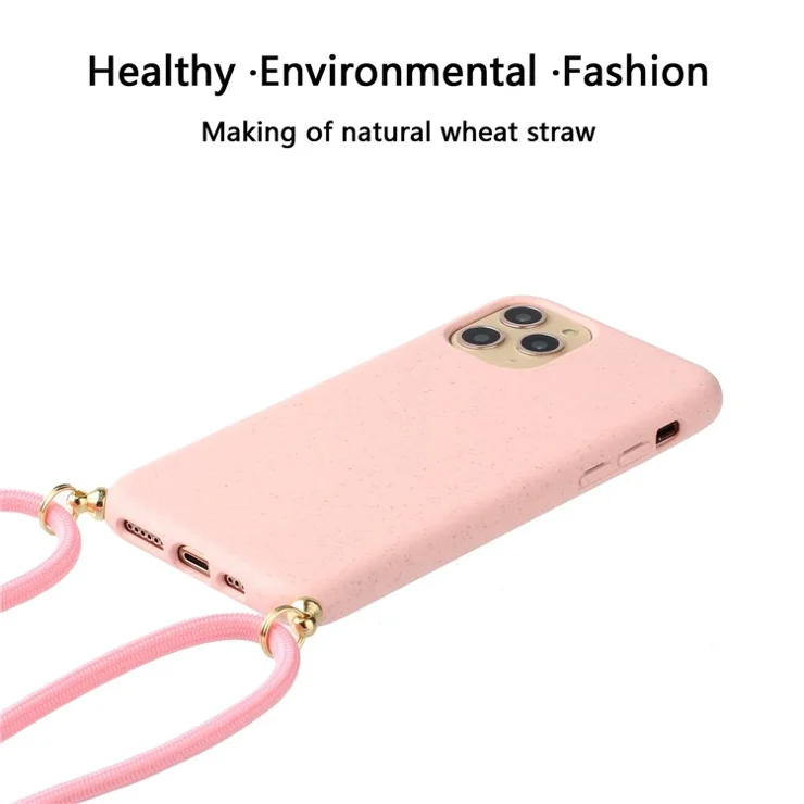 For iPhone 15 Pro Wheat Straw+TPU Phone Case Environment-Friendly Biodegradable Cover with Lanyard - Pink