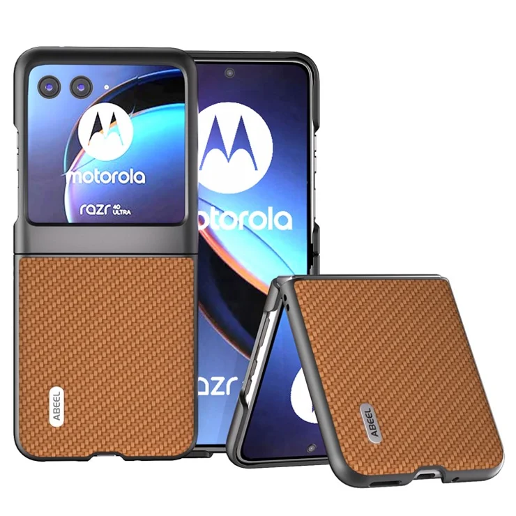 ABEEL For Motorola Razr 40 Ultra 5G PU Leather Coated PC Case Carbon Fiber Texture Protective Phone Cover - Light Brown