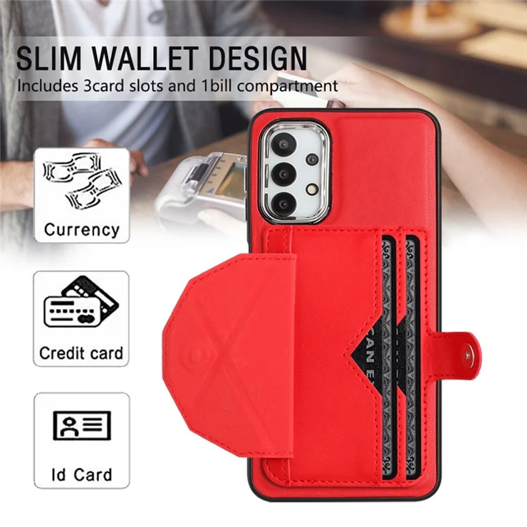 YB Leather Coating Series-4 for Samsung Galaxy A23 4G / A23 5G (Global Version) / F23 5G / M23 5G Kickstand Case Card Holder Phone Cover - Red