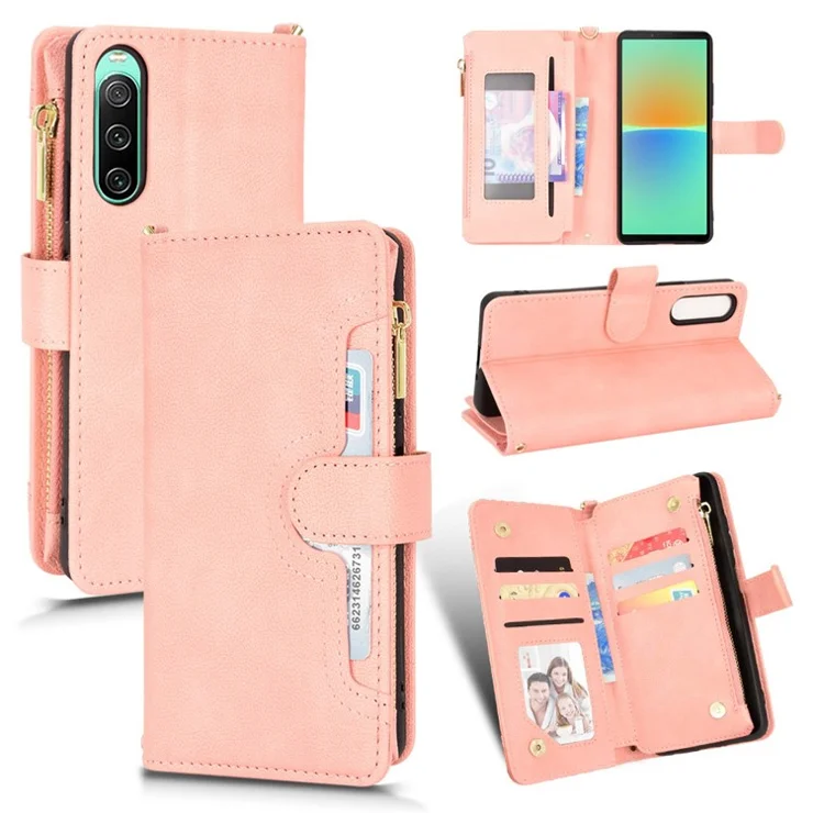 Zipper Pocket Phone Cover for Sony Xperia 10 V , Wallet PU Leather Stand Case - Pink