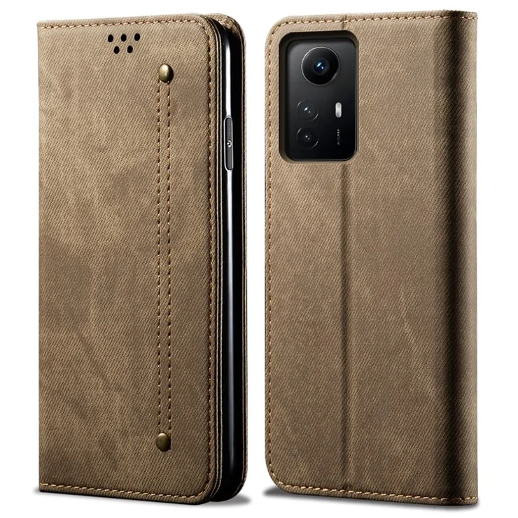For Xiaomi Redmi Note 12S 4G Jeans Cloth Texture Phone Case PU Leather Stand Flip Wallet Cover - Khaki