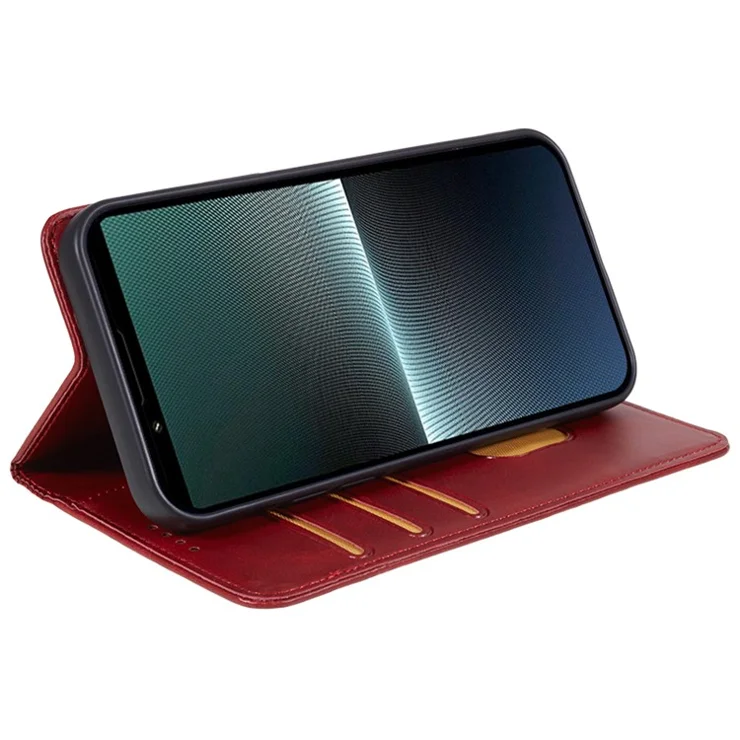 For Sony Xperia 1 V Calf Texture PU Leather Case Wallet Slim-Fit Business Style Phone Stand Cover - Red