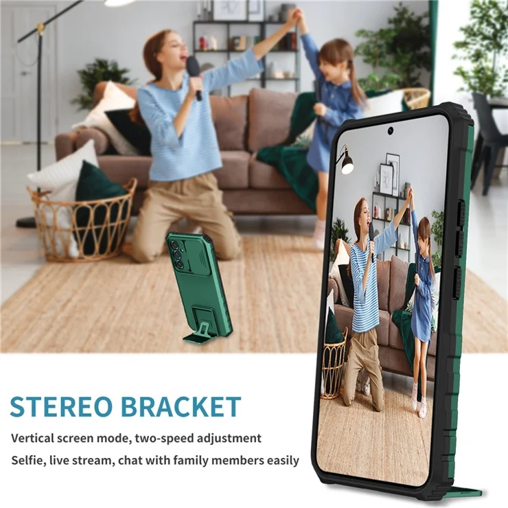 For Samsung Galaxy A54 5G Kickstand Case Anti-scratch PC + TPU Phone Protector with Slide Camera Cover - Blackish Green
