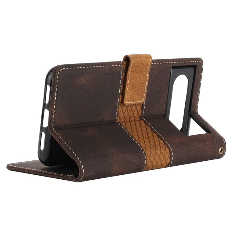 Stand Phone Case for Google Pixel 8 , PU Leather Cover Magnetic Wallet Grid Splicing Phone Shell with Strap - Brown