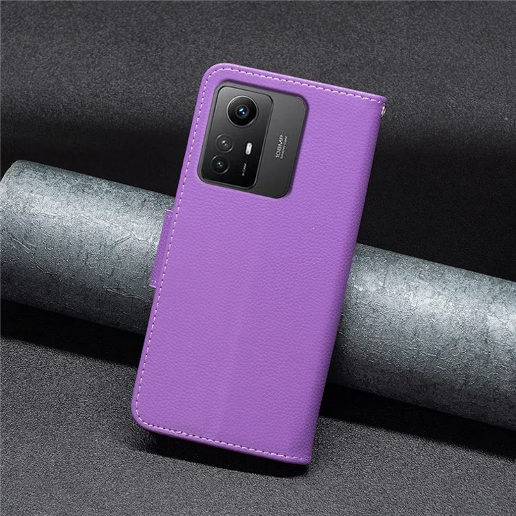 Flip Stand Phone Cover for Xiaomi Redmi Note 12S 4G , Wallet PU Leather Litchi Texture Phone Case with Strap - Purple