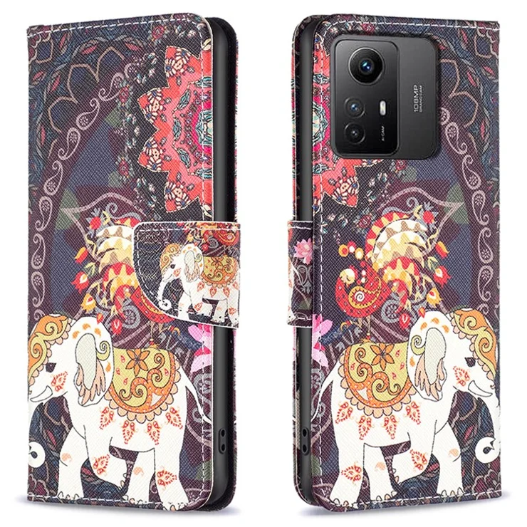 For Xiaomi Redmi Note 12S 4G Pattern Printing Phone Case PU Leather Stand Wallet Flip Cover - Flower and Elephant