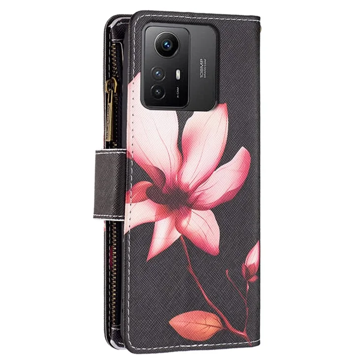 BF03 Zipper Pocket Wallet Case for Xiaomi Redmi Note 12S 4G PU Leather Stand Pattern Printing Phone Cover - Pink Flower