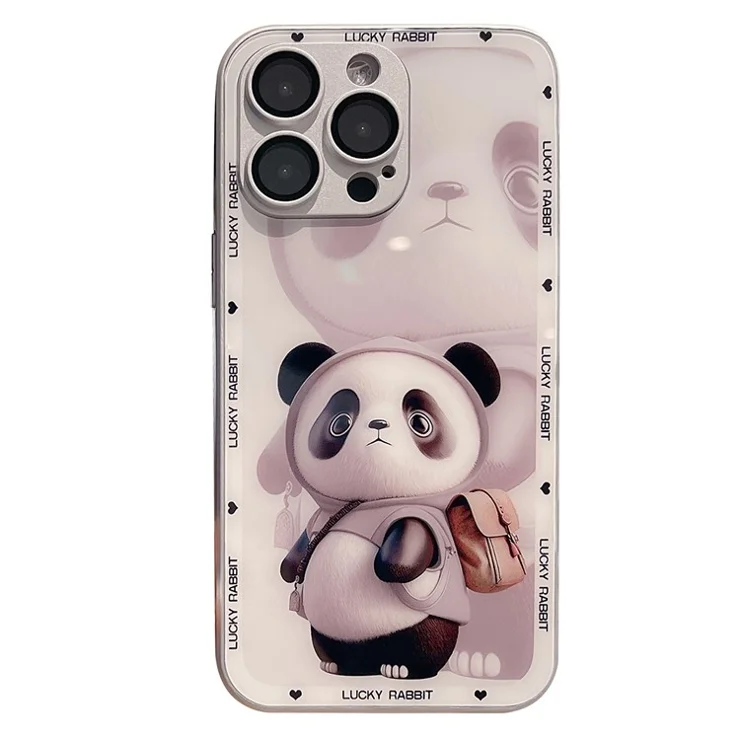 For iPhone 13 Pro Max Hard Glass+TPU Phone Cover Metal Paint Design Panda Decor Phone Case - White