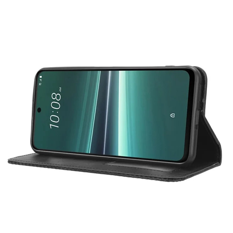 For HTC U23 Pro 5G Shockproof Phone Shell PU Leather Retro Phone Case Shockproof Stand Wallet Cover - Black