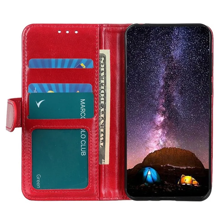 Cell Phone Case Wallet for iPhone 15 , Anti-Scratch Crazy Horse Texture PU Leather Stand Phone Cover - Red