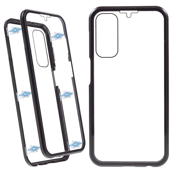 For Samsung Galaxy A24 4G (162.1 x 77.6 x 8.3mm) Clear Double-Sided Tempered Glass Case Magnetic Adsorption Metal Frame Phone Cover - Black
