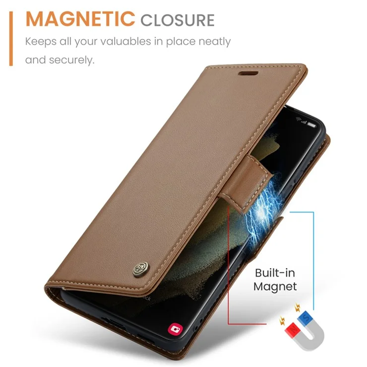 For Samsung Galaxy S21 Ultra 5G Leather Case CASEME 023 RFID Blocking 3 Card Slot Mobile Cover - Brown