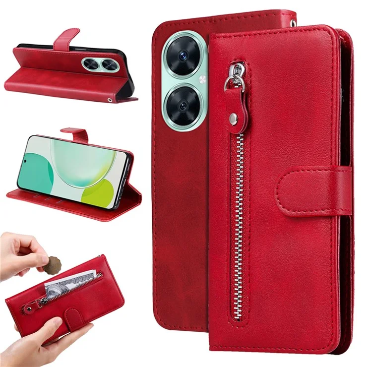 For Huawei nova 11i / Enjoy 60 Pro / Maimang 20 Calf Texture Leather Phone Case Zipper Pocket Wallet Flip Cover with Stand - Red