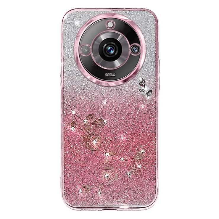 KADEM Gradient TPU Back Cover for Realme 11 Pro+ 5G Glitter Flower Pattern Phone Case with Strap - Rose Gold