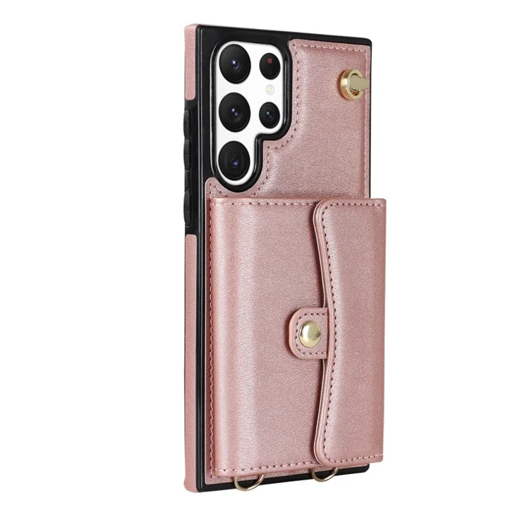 For Samsung Galaxy S22 Ultra 5G PU Leather+TPU Phone Case Card Slots RFID Blocking Kickstand Cover with Short+Long Straps - Rose Gold