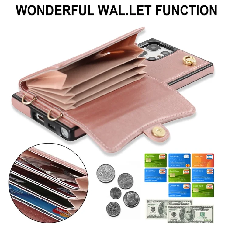 For Samsung Galaxy S22 Ultra 5G PU Leather+TPU Phone Case Card Slots RFID Blocking Kickstand Cover with Short+Long Straps - Rose Gold