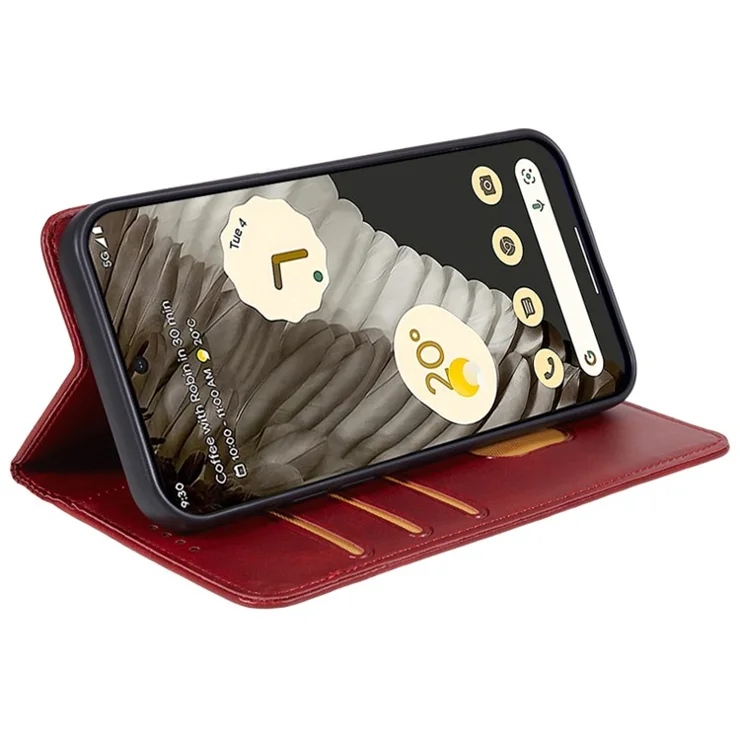 For Google Pixel 7a Calf Texture PU Leather Phone Case Magnetic Closing Stand Wallet Cover - Red