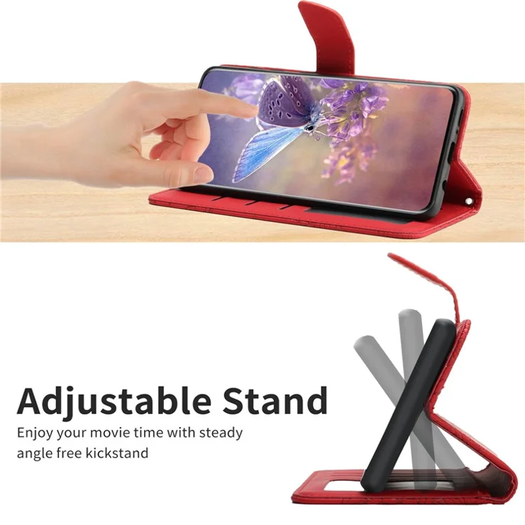 HT03 Wallet Case for iPhone 15 Imprinted PU Leather Phone Stand Cover with Wrist Strap - Red