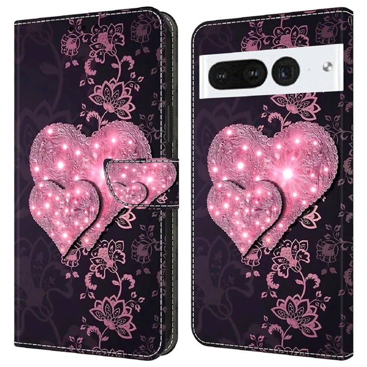 For Google Pixel 7 Pro 5G PU Leather Stand Cover 3D Pattern Printed Flip Wallet Phone Case - Lace Hearts