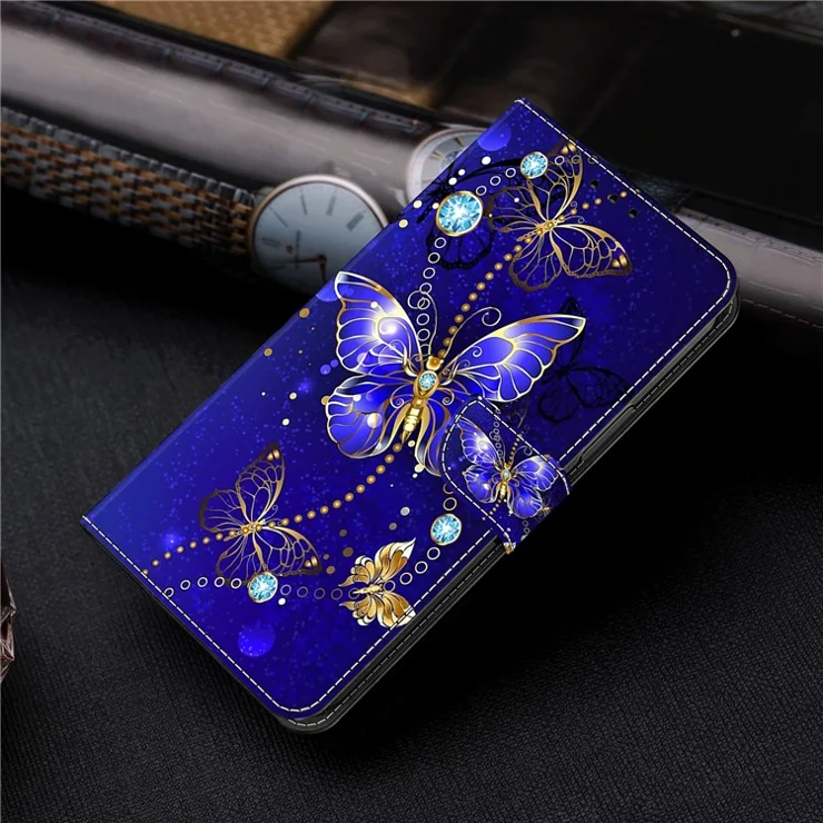 For Samsung Galaxy A22 5G (EU Version) Wallet Phone Case PU Leather 3D Pattern Stand Protective Cover - Diamond Butterfly