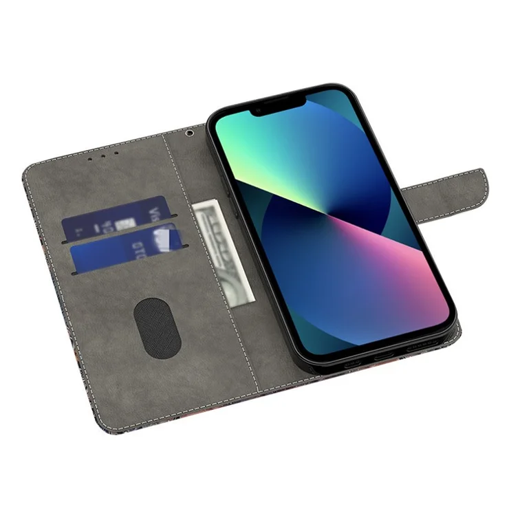 For iPhone 13 Wallet Case PU Leather Magnetic Closure 3D Pattern Stand Phone Cover - Crystal Butterfly