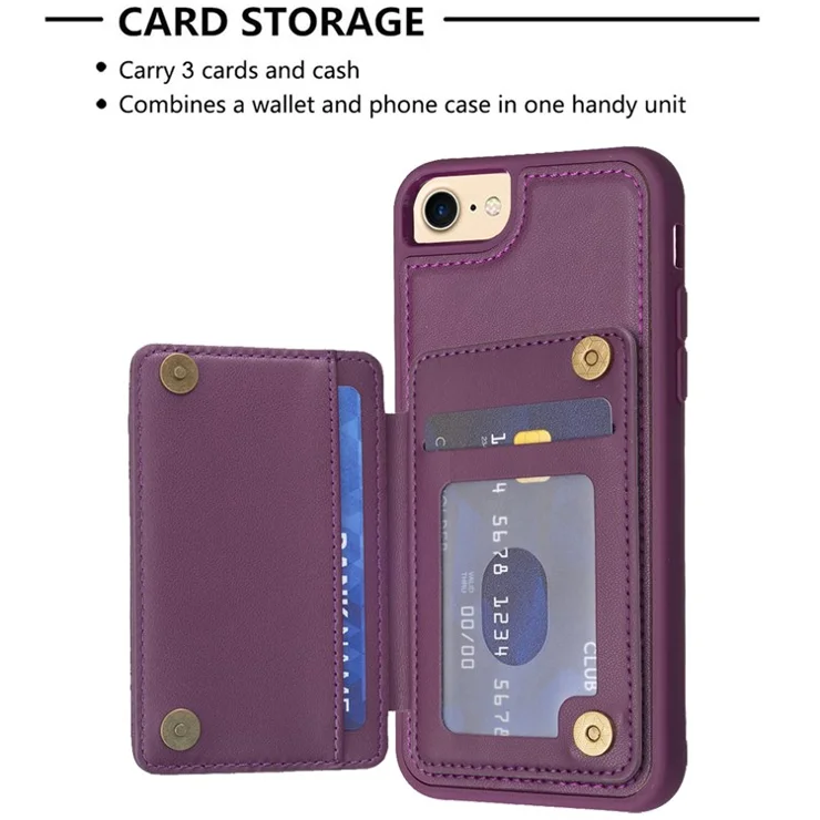 Style-BF24 Card Holder Case for iPhone 6 / 6s / 7 / 8 / SE (2020) / SE (2022) Kickstand Leather+TPU Phone Cover - Dark Purple